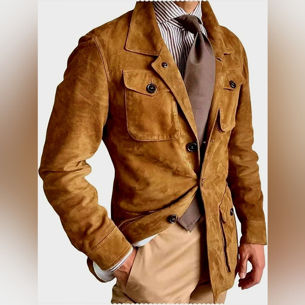Men's Faux Suede Safari Blazer Jacket, Medium